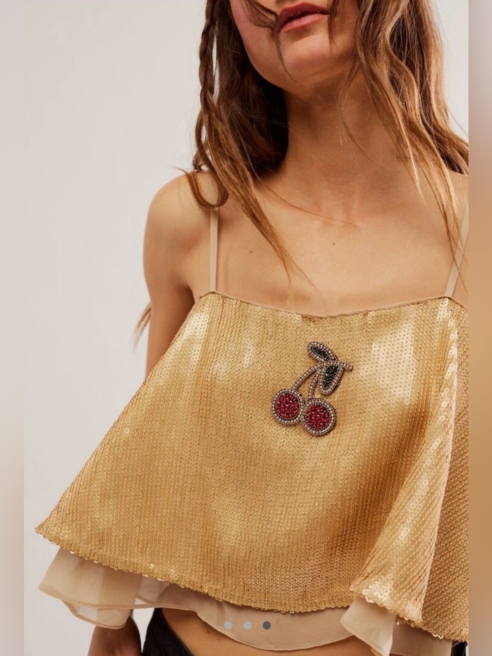 Like New Free People Gold Cherry Embellished Sequined Appliqué Cami Top